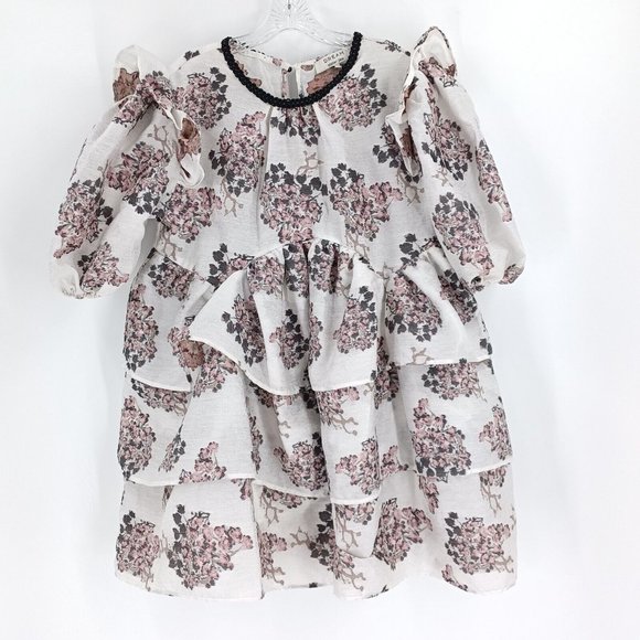 SISTER JANE M Dream Pink Black Floral Jacquard Ruffle Dress Mini Tiered Lux Puff - Picture 3 of 15